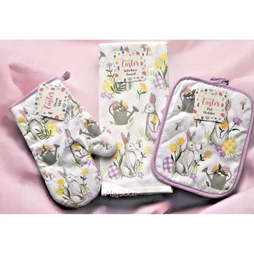 Easter Kitchen Dish Towel Potholder Oven Mitt Bunny Peter Cottontail Set of 3